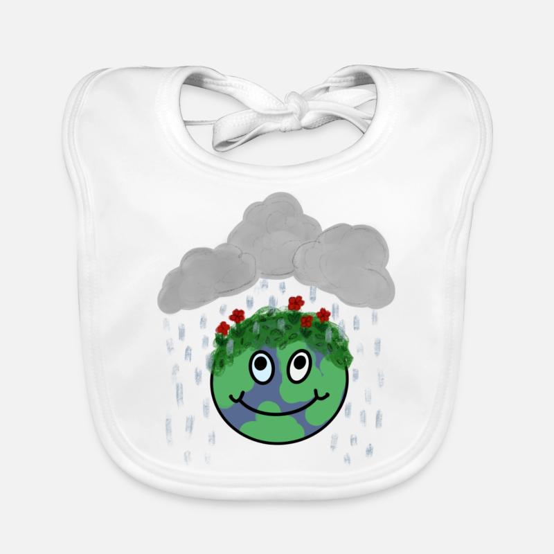 J’adore la pluie! Sol heureux avec des fleurs - Bavoir bio Bébé - blanc