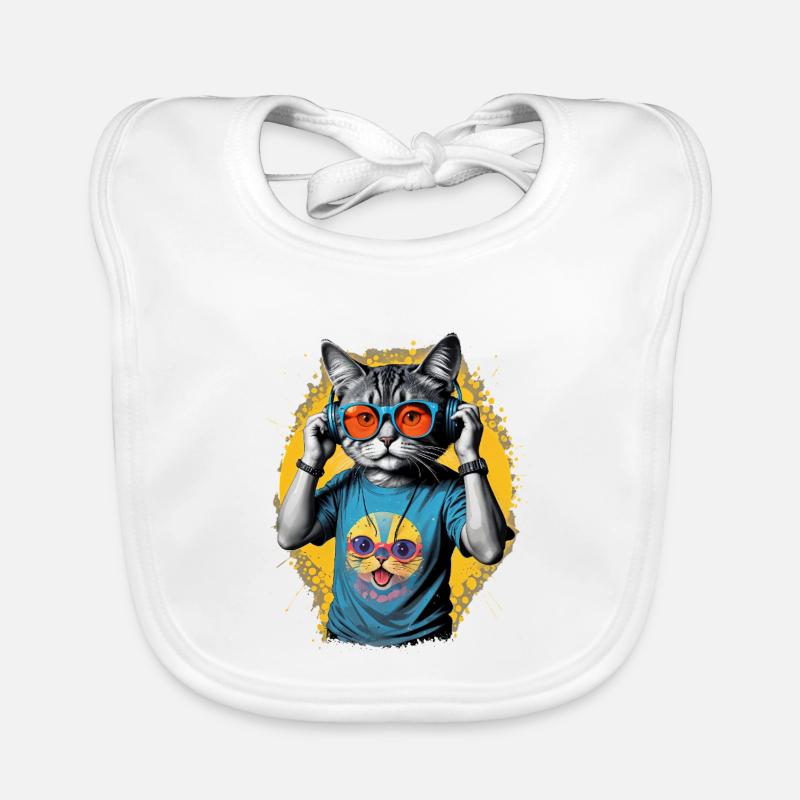 Neon Cat DJ Vibe Tee - Organic Baby Bibs - white