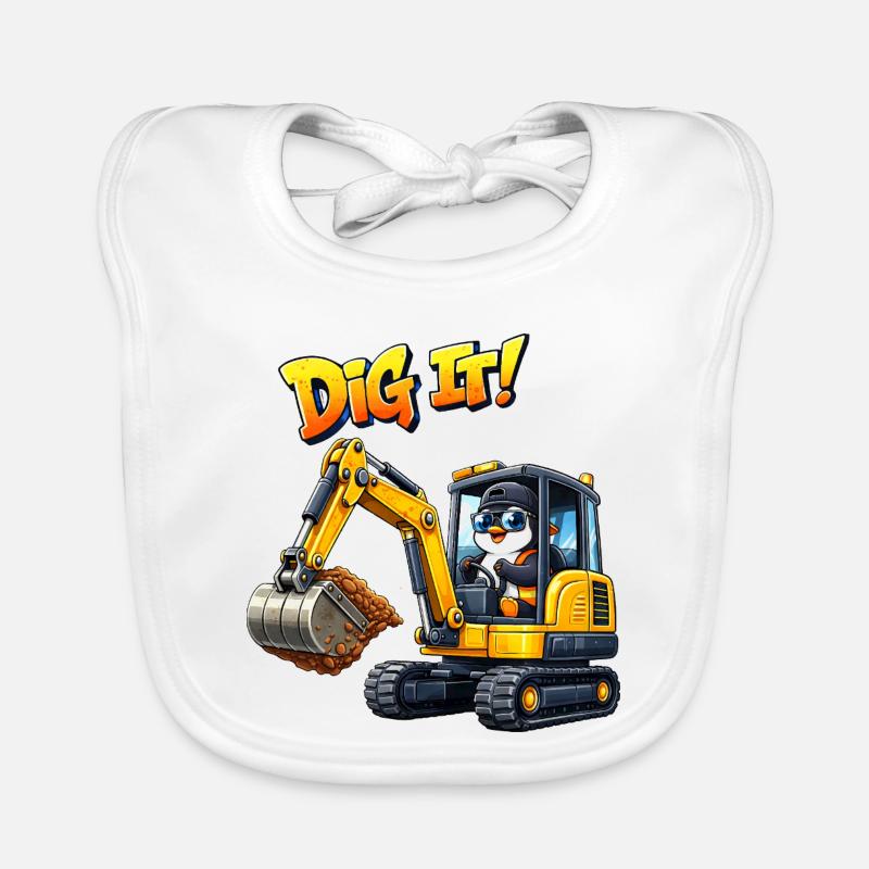 Cute Penguin Cartoon Excavator Driver Construction Equipment Operator Organic Baby Bibs