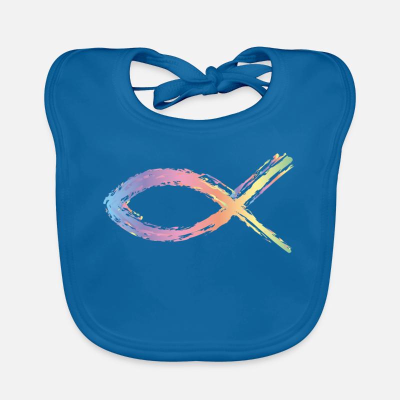 symbole de poisson de jésus coloré - Bavoir bio Bébé - bleu paon