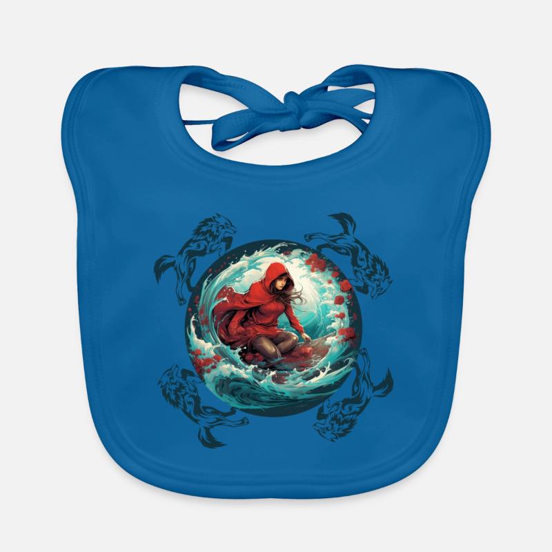 Little Red Riding Hood surfing on surfboard, wolf on wave Organic Baby Bibs