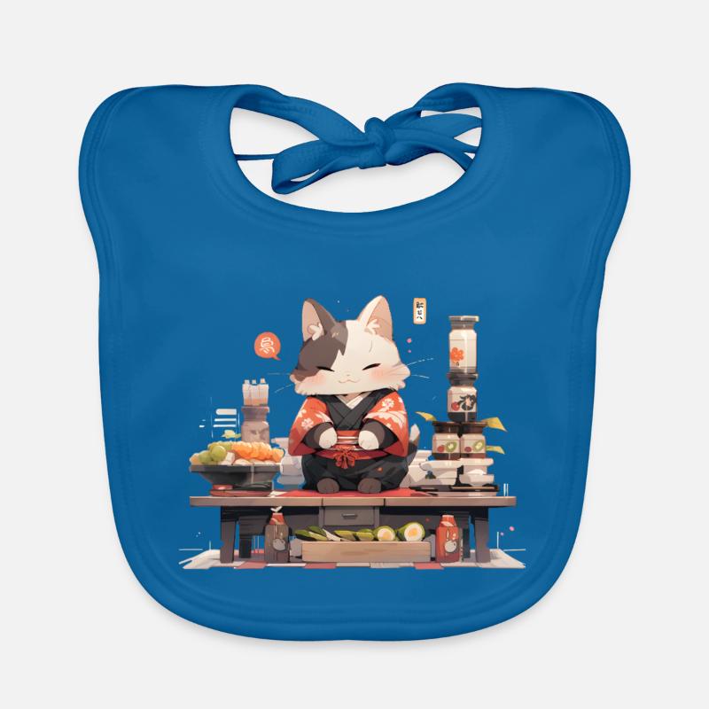 Chat samouraï mange des sushis - Bavoir bio Bébé - bleu paon
