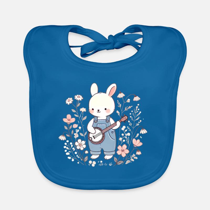 Lapin Banjo dans le champ de fleurs - Bavoir bio Bébé - bleu paon
