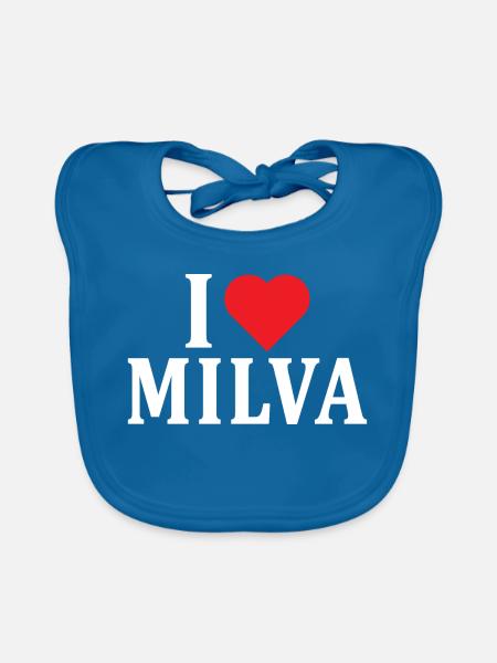T-Shirt Name I love Milva T-Shirt Geschenkidee - Baby Bio-Lätzchen - Pfauenblau - Vorne