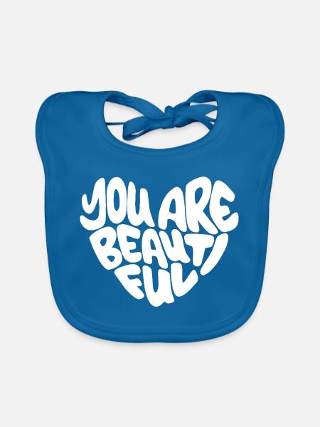 you are beautiful - Lettering / Weiß in herzform - Baby Bio-Lätzchen - Pfauenblau - Vorne