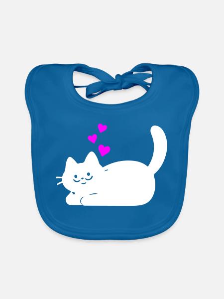 Liegende Katze mit Herzen Weiß - Baby Bio-Lätzchen - Pfauenblau
