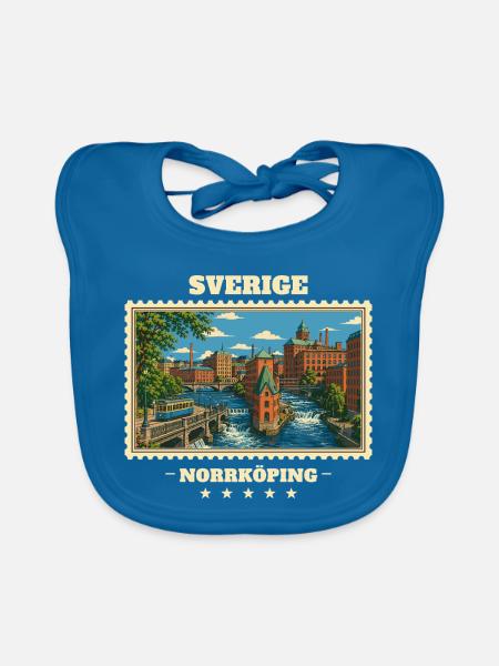 Schweden Norrköping Vintage Reisemarke - Baby Bio-Lätzchen - Pfauenblau