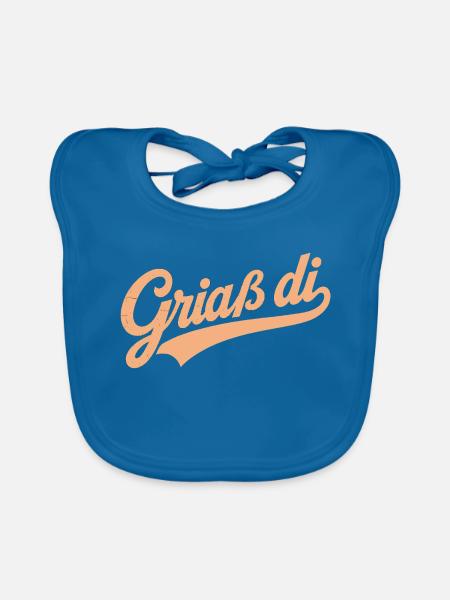 Griaß di Schriftzug - orangerosa - Baby Bio-Lätzchen - Pfauenblau - Vorne