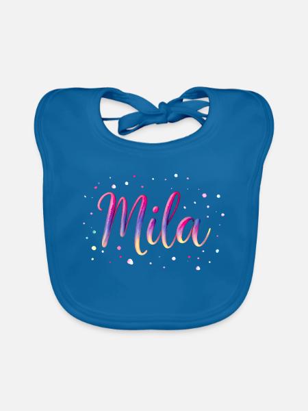Name Mila – Buntes Aquarell Design mit Punkten - Baby Bio-Lätzchen - Pfauenblau
