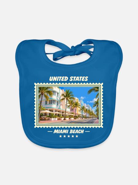 Vereinigte Staaten Miami Beach Vintage Reisemarke - Baby Bio-Lätzchen - Pfauenblau - Vorne
