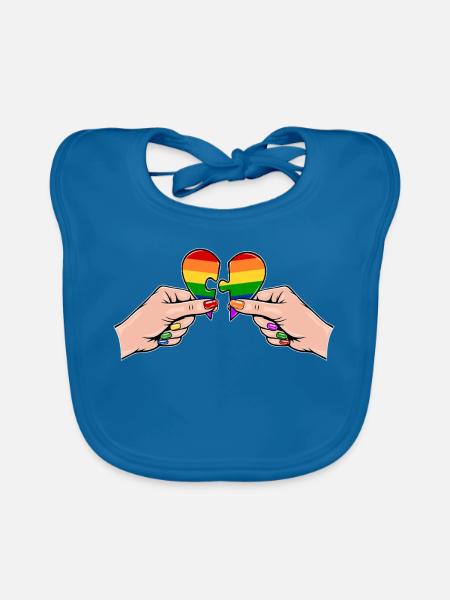 Frauenhände Herzpuzzle Regenbogen - Baby Bio-Lätzchen - Pfauenblau - Vorne