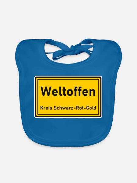 Ortsschild Weltoffen - Kreis Schwarz-Rot-Gold - Baby Bio-Lätzchen - Pfauenblau - Vorne