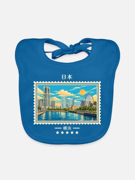 Japan Yokohama Vintage Reisemarke - Baby Bio-Lätzchen - Pfauenblau - Vorne