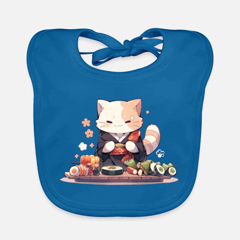 Chat samouraï mange des sushis - Bavoir bio Bébé - bleu paon