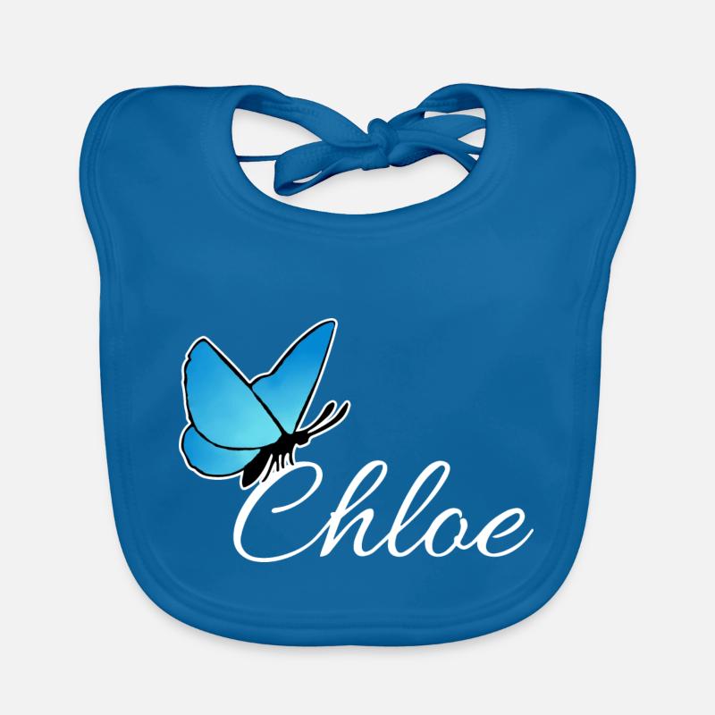Chloé avec papillon bleu LiS - Bavoir bio Bébé - bleu paon