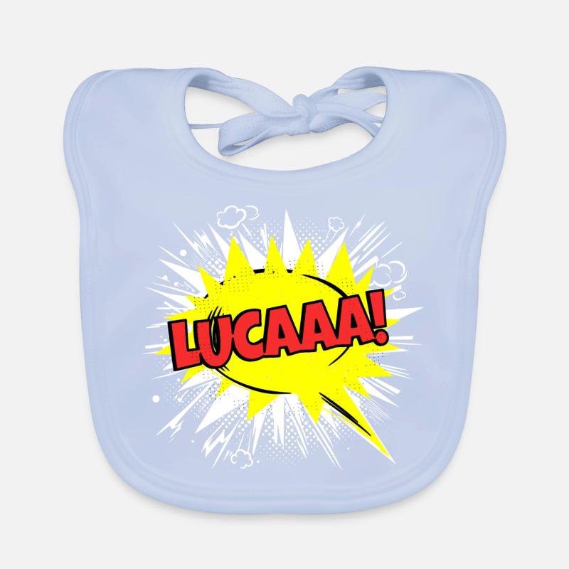 Luca Name Funny Speech Bubble Lucaaa! Organic Baby Bibs