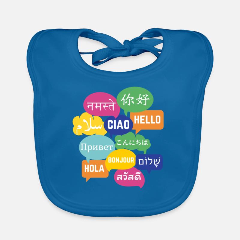 Conception colorée de bulle de discours "Bonjour", de nombreuses langues - Bavoir bio Bébé - bleu paon