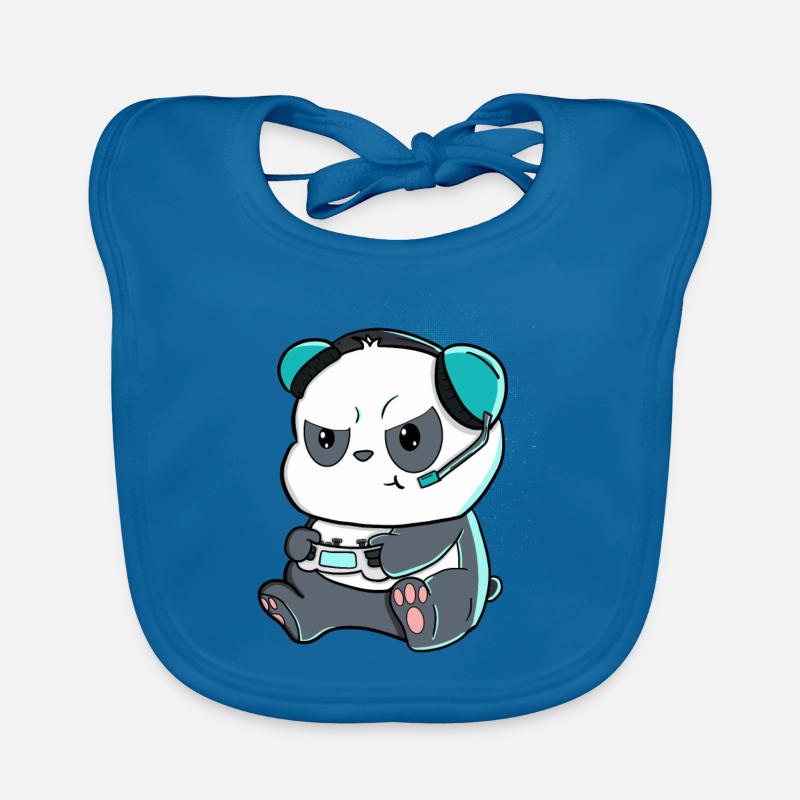 Comic-Style Panda with Controller and Headphone Organic Baby Bibs