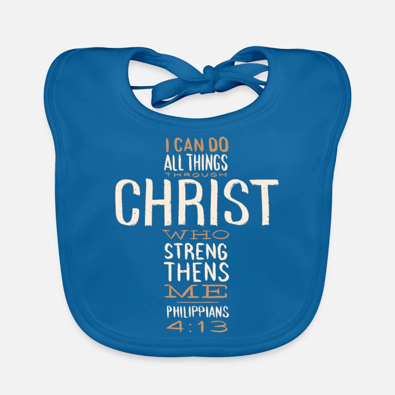 Philippiens 4:13 Versets de la Bible chrétienne Mari du lion - Bavoir bio Bébé - bleu paon