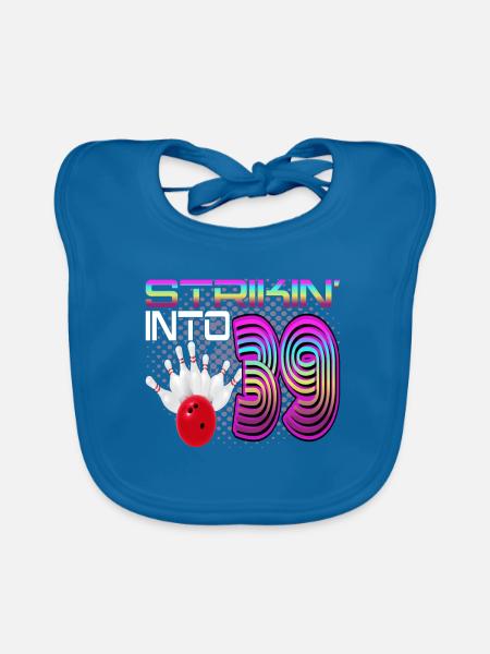 Striking Into 39 Bowling Bowler 39. Geburtstag - Baby Bio-Lätzchen - Pfauenblau - Vorne