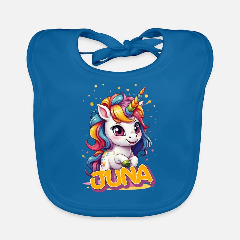 JUNA - Schöner Mädchen Name mit süßem Einhorn Baby Bio-Lätzchen
