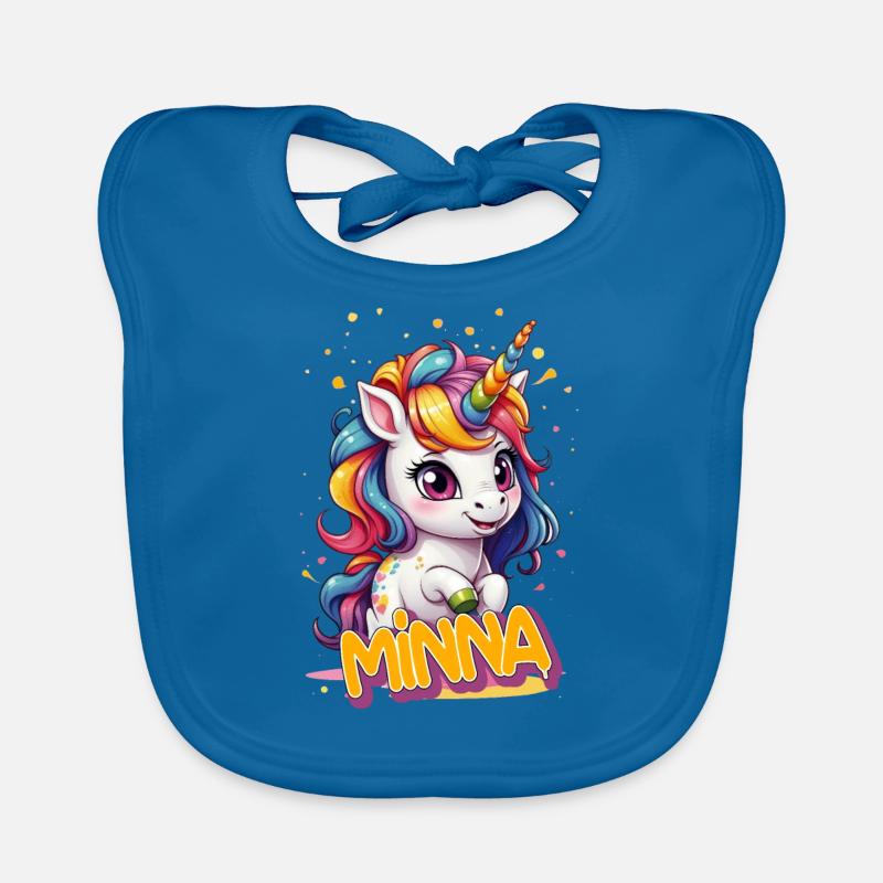 MINNA - Schöner Mädchen Name mit süßem Einhorn Baby Bio-Lätzchen