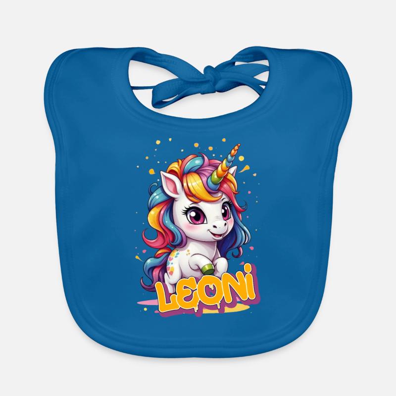 LEONI - Schöner Mädchen Name mit süßem Einhorn Baby Bio-Lätzchen