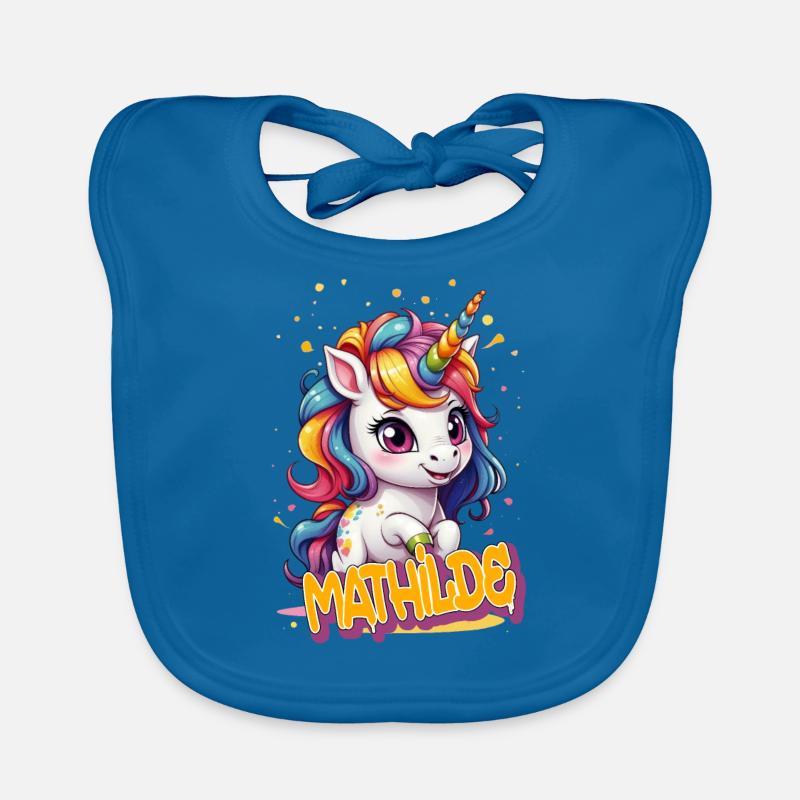 MATHILDE - Schöner Mädchen Name mit süßem Einhorn Baby Bio-Lätzchen