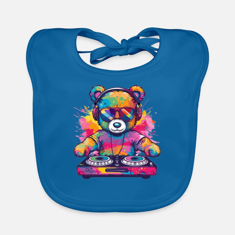 Bunter DJ Teddy - Baby Bio-Lätzchen - Pfauenblau