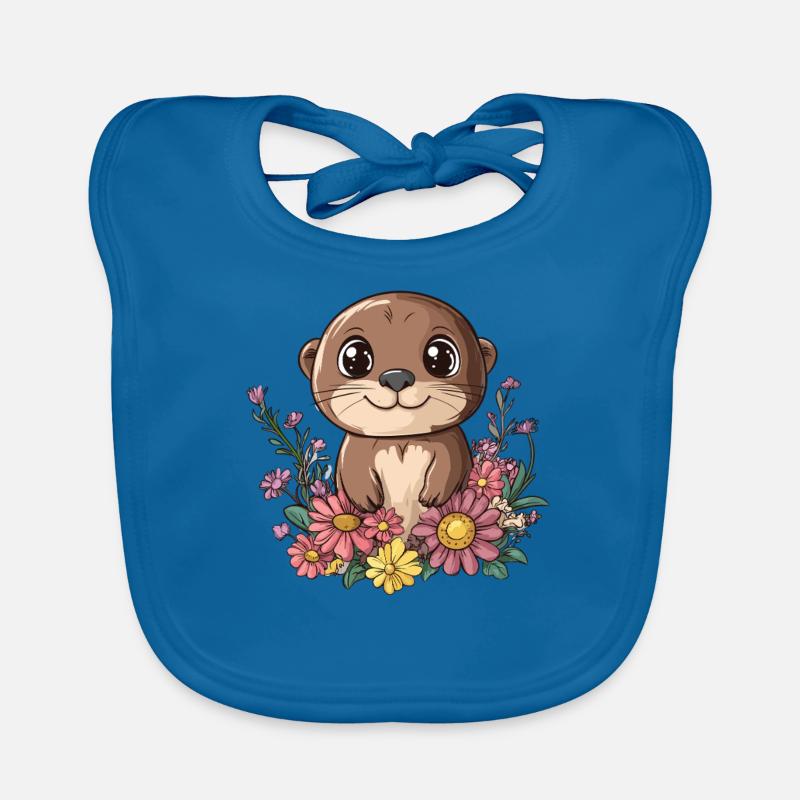 Loutre avec prairie fleurie - Bavoir bio Bébé - bleu paon