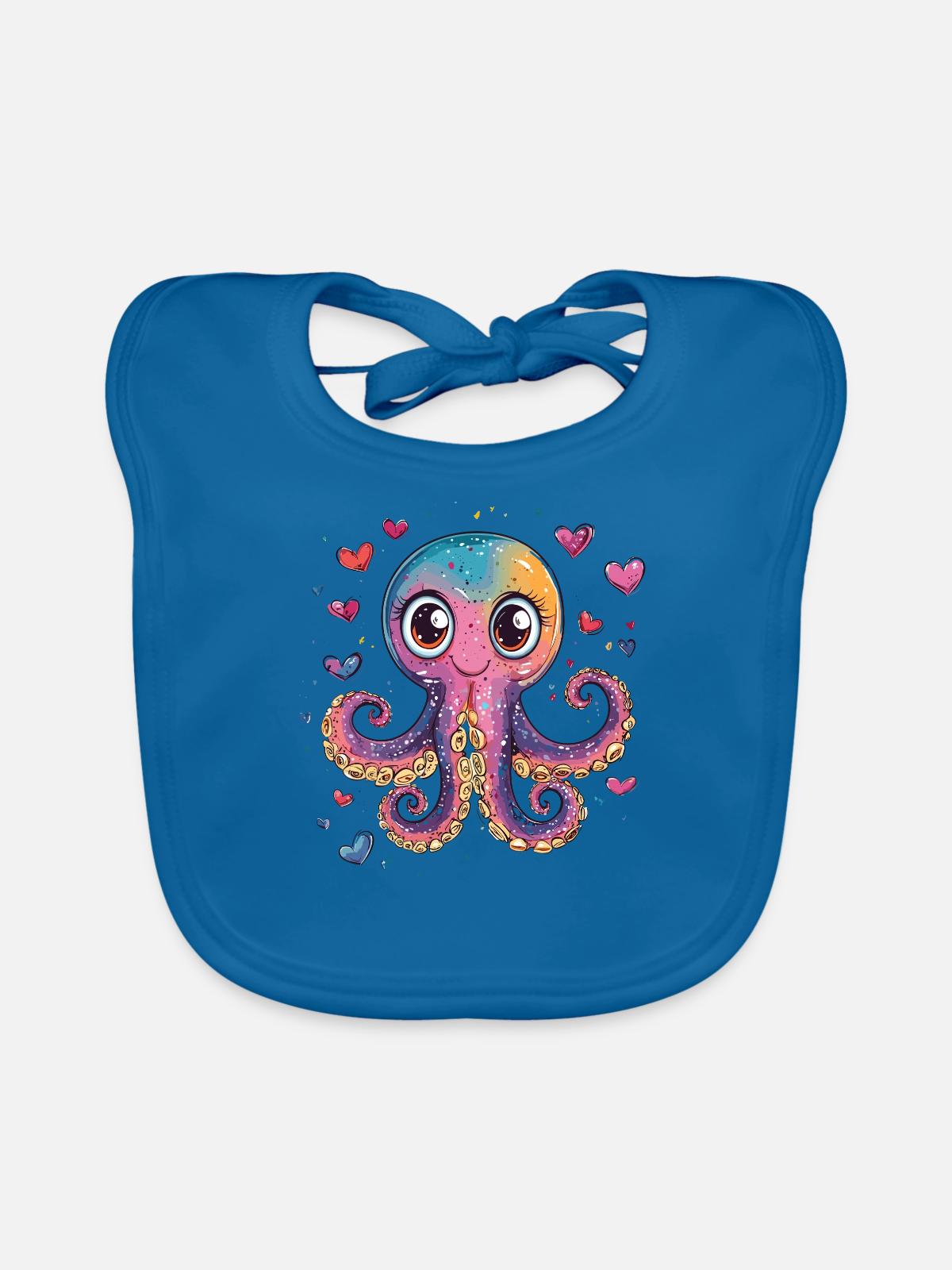 Oktopus mit Herzchen - Baby Bio-Lätzchen - Pfauenblau - Vorne