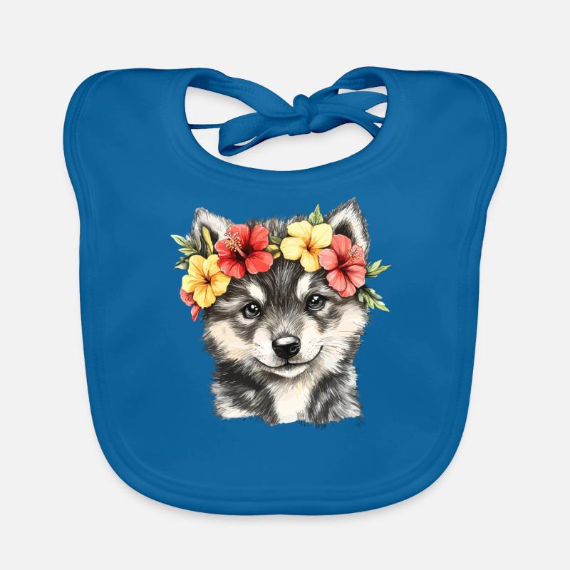 Chiot husky avec des fleurs Bavoir bio Bébé