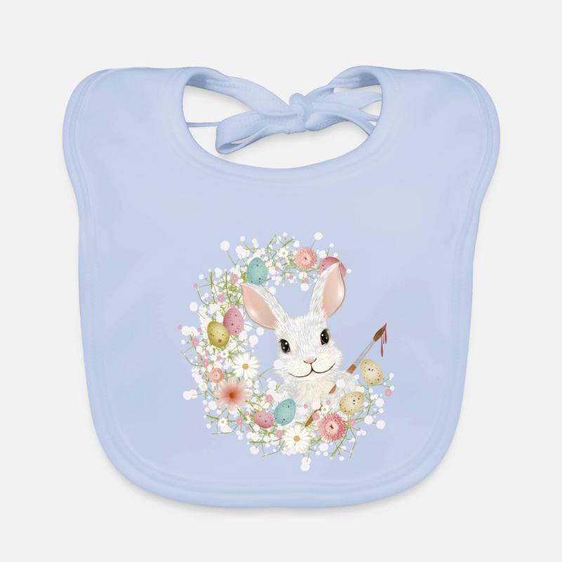 White Rabbit with Easter Eggs & Brush for Easter Organic Baby Bibs