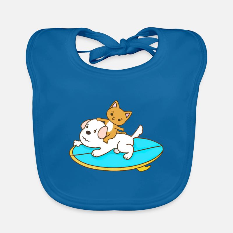 Cat rides on a dog surfboard Organic Baby Bibs