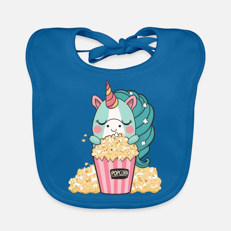 Buntes, süßes Einhorn isst leckeres Butter-Popcorn Baby Bio-Lätzchen