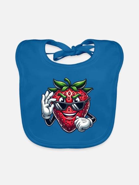 Cool Strawberry Fruit Comic with Sunglasses - Organic Baby Bibs - peacock-blue - Front