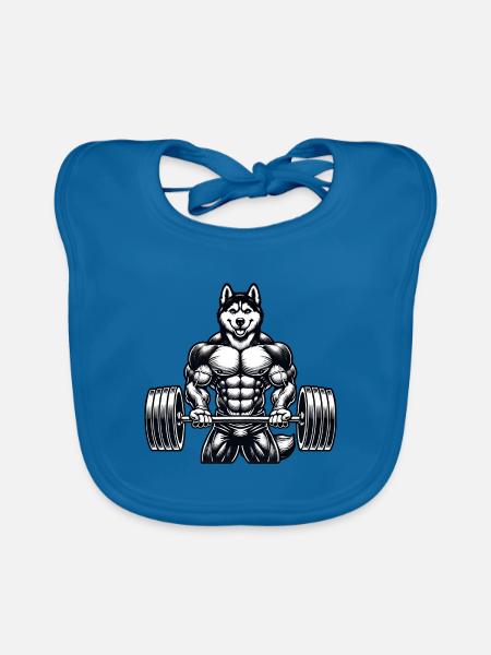 Cool Husky Fitness Bodybuilder Workout Cartoon - Organic Baby Bibs - peacock-blue - Front