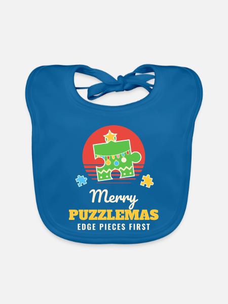 Fröhliche Puzzlemas Lustiges Puzzlepuzzle Weihnachten - Baby Bio-Lätzchen - Pfauenblau - Vorne