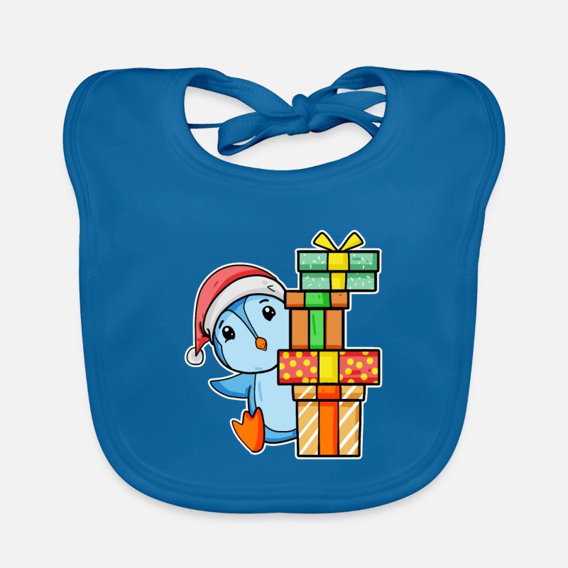 Pingouin de Noël avec cadeaux - Bavoir bio Bébé - bleu paon