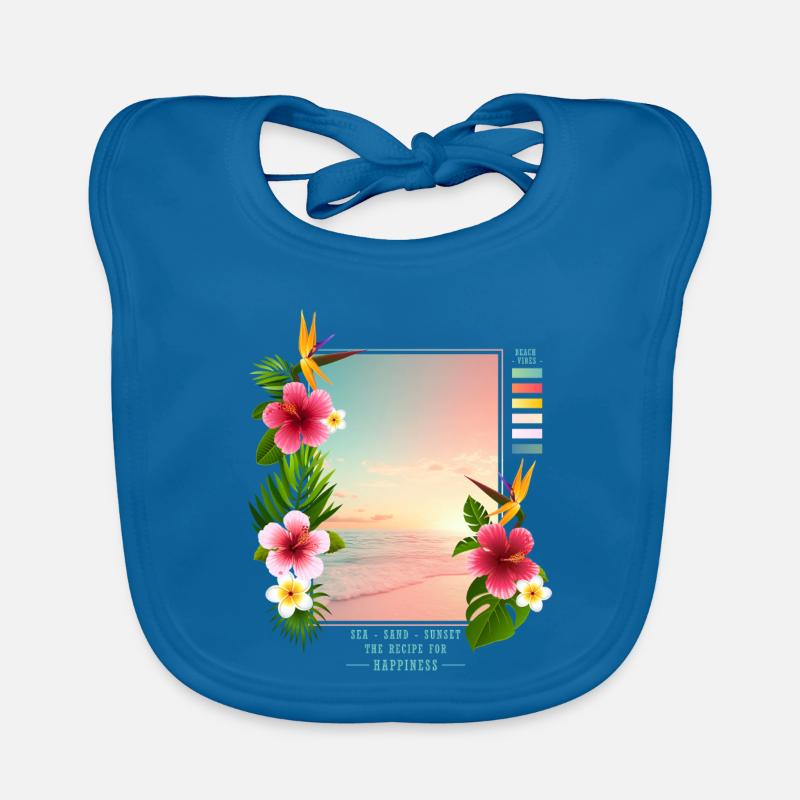 Mer - Sable - Coucher de soleil - Bavoir bio Bébé - bleu paon
