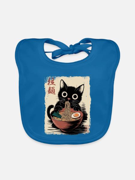 Schwarze Katze isst Ramen Nudeln Anime - Baby Bio-Lätzchen - Pfauenblau