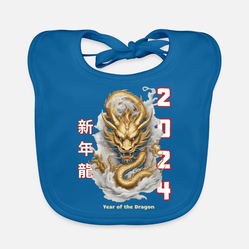 Joyeux Nouvel An chinois 2024, Année du Dragon, Joyeux - Bavoir bio Bébé - bleu paon