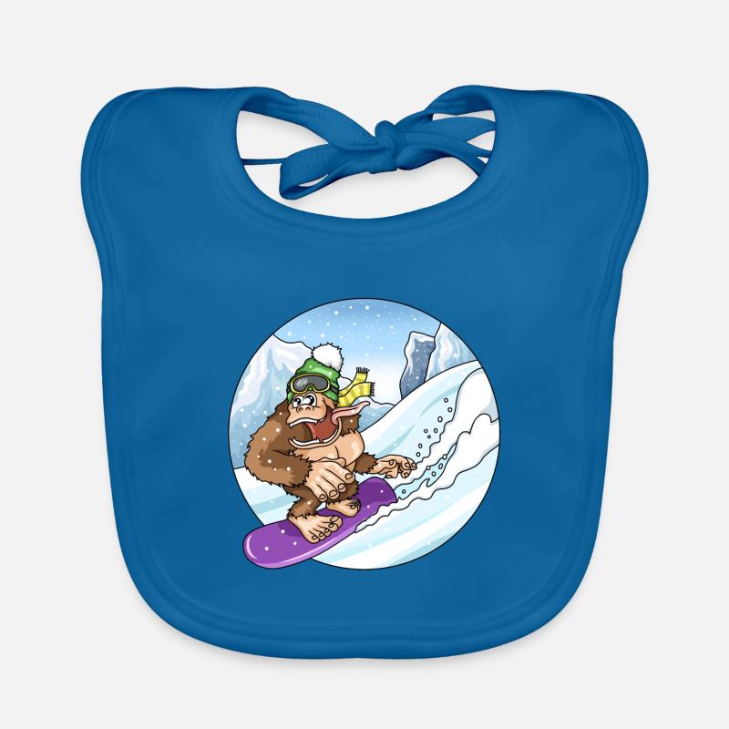 Cute Gorilla While Snowboarding Snow Landscape Organic Baby Bibs