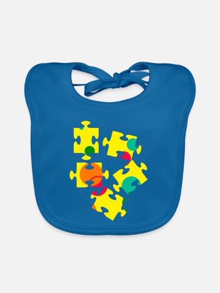 Bunte Puzzleteil Collage - Baby Bio-Lätzchen - Pfauenblau - Vorne