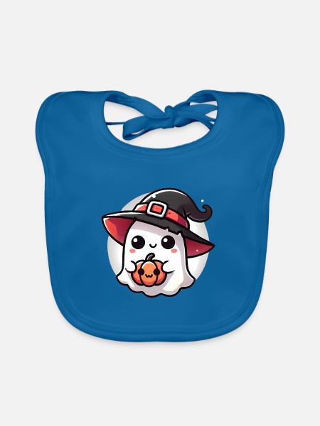 Fantôme d’Halloween mignon avec chapeau de sorcière - Bavoir bio Bébé - bleu paon - Devant