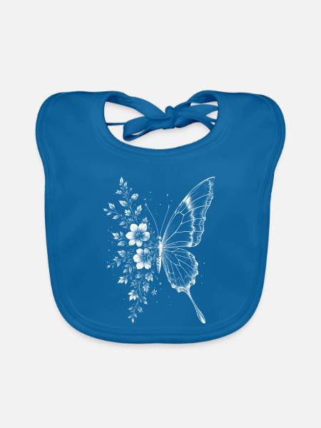 Eleganter Schmetterling mit Blumen im Zeichenstil - Baby Bio-Lätzchen - Pfauenblau