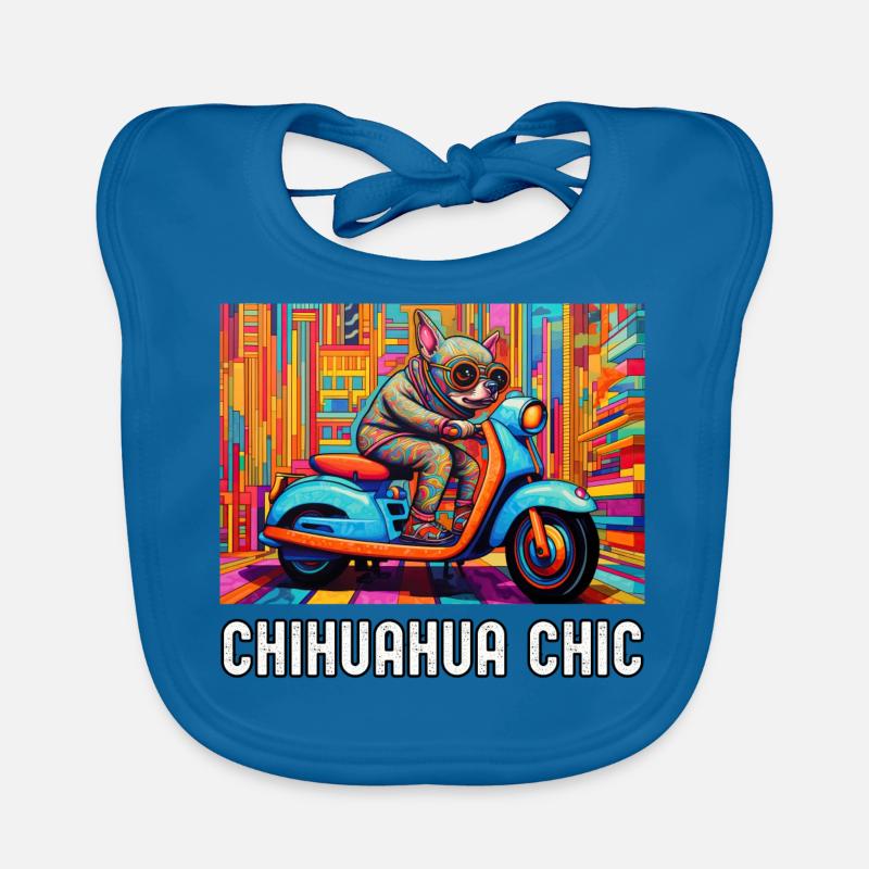 Chihuahua conduisant un scooter coloré sur Pattern - Bavoir bio Bébé - bleu paon