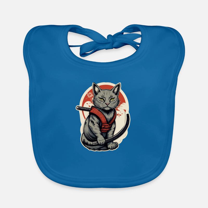 Chat samouraï - Bavoir bio Bébé - bleu paon
