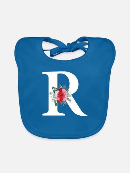 Red Floral Letter R - Organic Baby Bibs - peacock-blue - Front