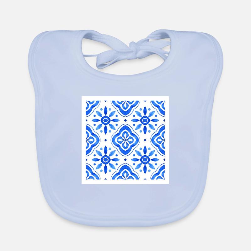 Blue Mediterranean Tile Watercolour Pattern Organic Baby Bibs
